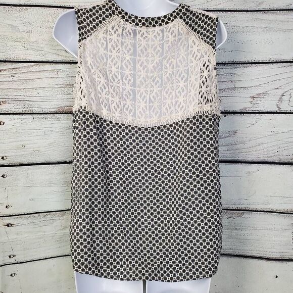 Heartloom Lace Back Sleeveless Blouse Large Black Beige Geo Print - Picture 4 of 7